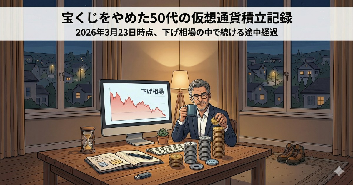 宝くじをやめた50代の仮想通貨積立記録（2026年3月23日時点）。荒れた相場の中でも冷静に積立を続ける様子を描いたアイキャッチ画像。