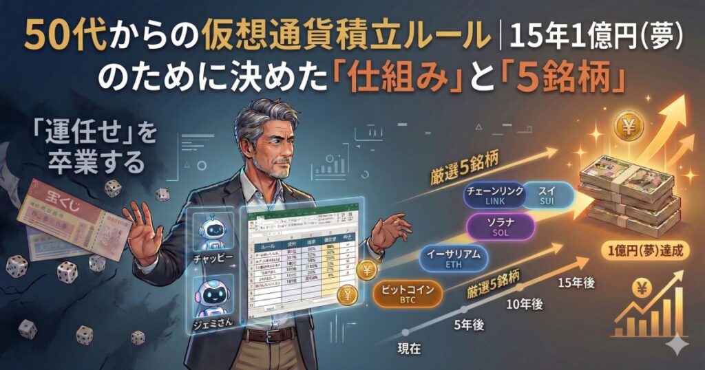 50代からの仮想通貨積立ルールと厳選5銘柄を解説するアイキャッチ画像。15年1億円（夢）を目指すための運用戦略とAI・Excelを活用した仕組みのイメージ。