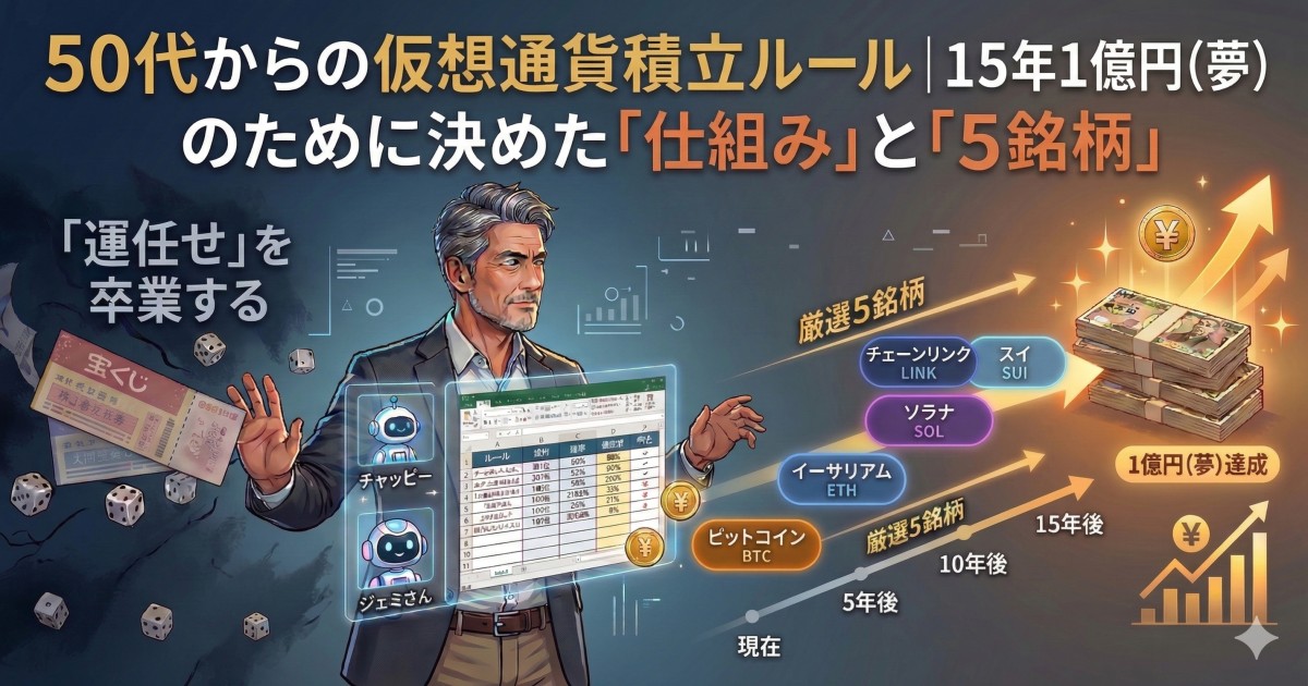 50代からの仮想通貨積立ルールと厳選5銘柄を解説するアイキャッチ画像。15年1億円（夢）を目指すための運用戦略とAI・Excelを活用した仕組みのイメージ。