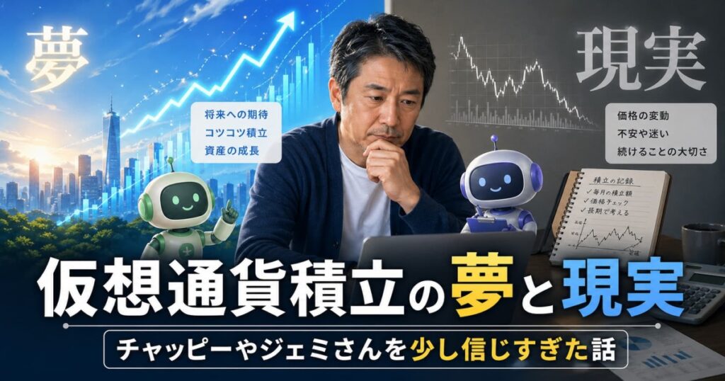 仮想通貨積立の夢と現実をテーマに、将来への期待と現実的な迷いの間で考える50代男性とAIキャラクターを描いたアイキャッチ画像