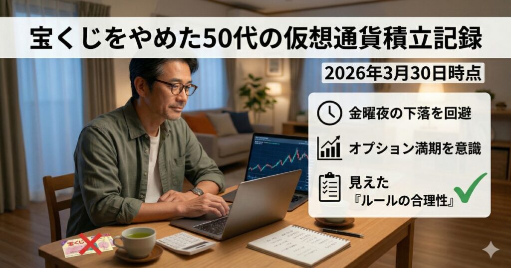 2026年3月30日時点の仮想通貨積立記録。金曜夜の下落回避とオプション満期を意識して、買いルールの合理性を見直す50代男性のイメージ